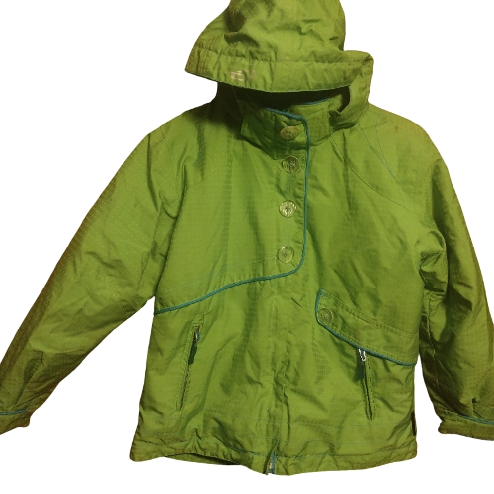 Obermeyer Kids Lime Green Raincoat With Blue Lining And Many Pocket And Features